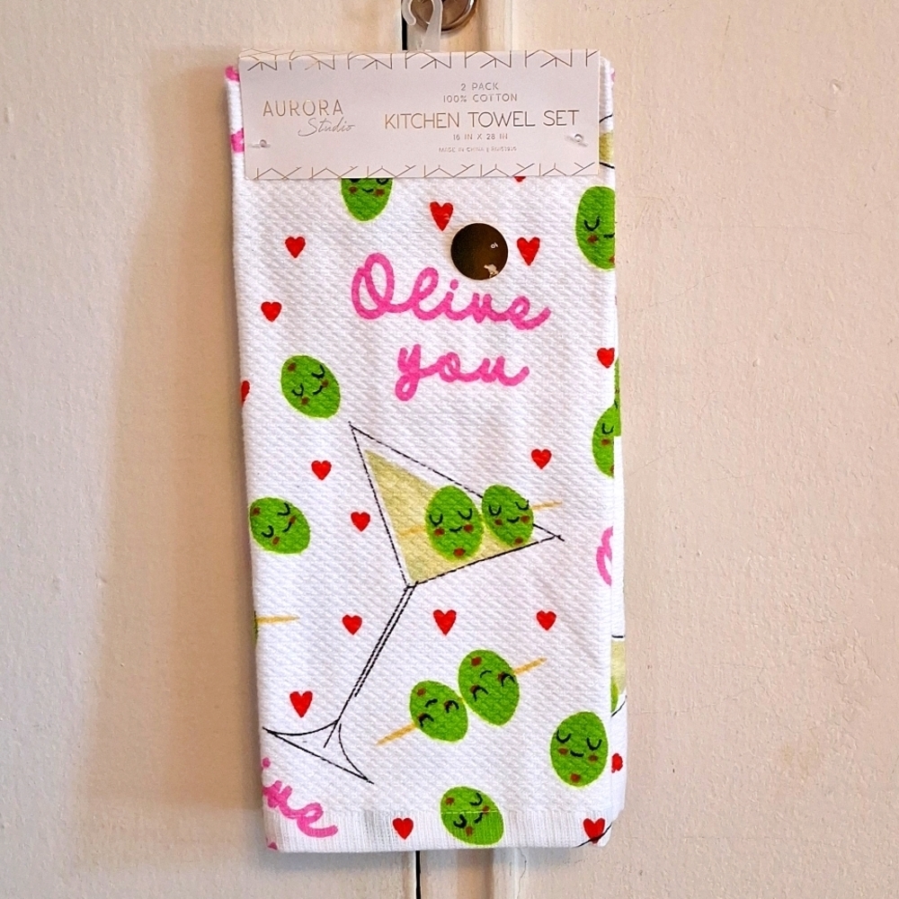 Olive you kitchen towels martini glass olive design hearts cotton cloths gift
